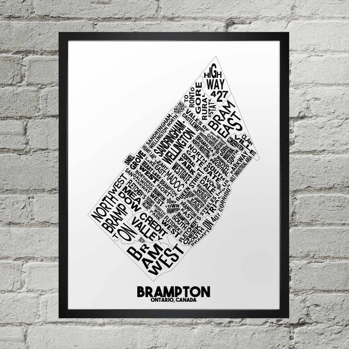 Brampton Ontario Neighbourhood Typography Stad Karta Tryck för wholesale av Damon D Chan