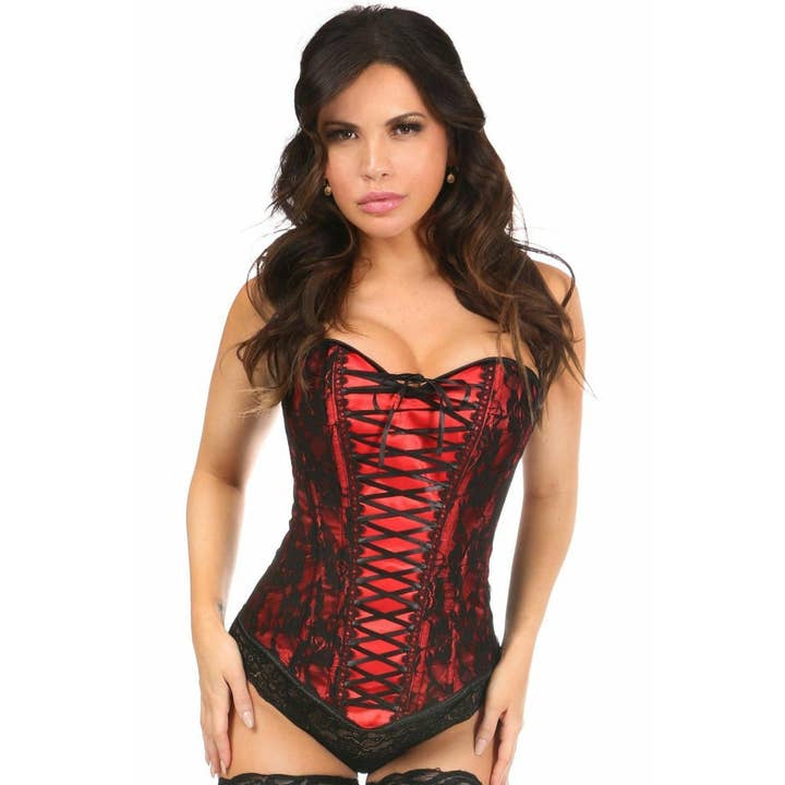 Weelderig rood korset met vetersluiting over buste met zwart kant voor wholesale door Daisy Corsets