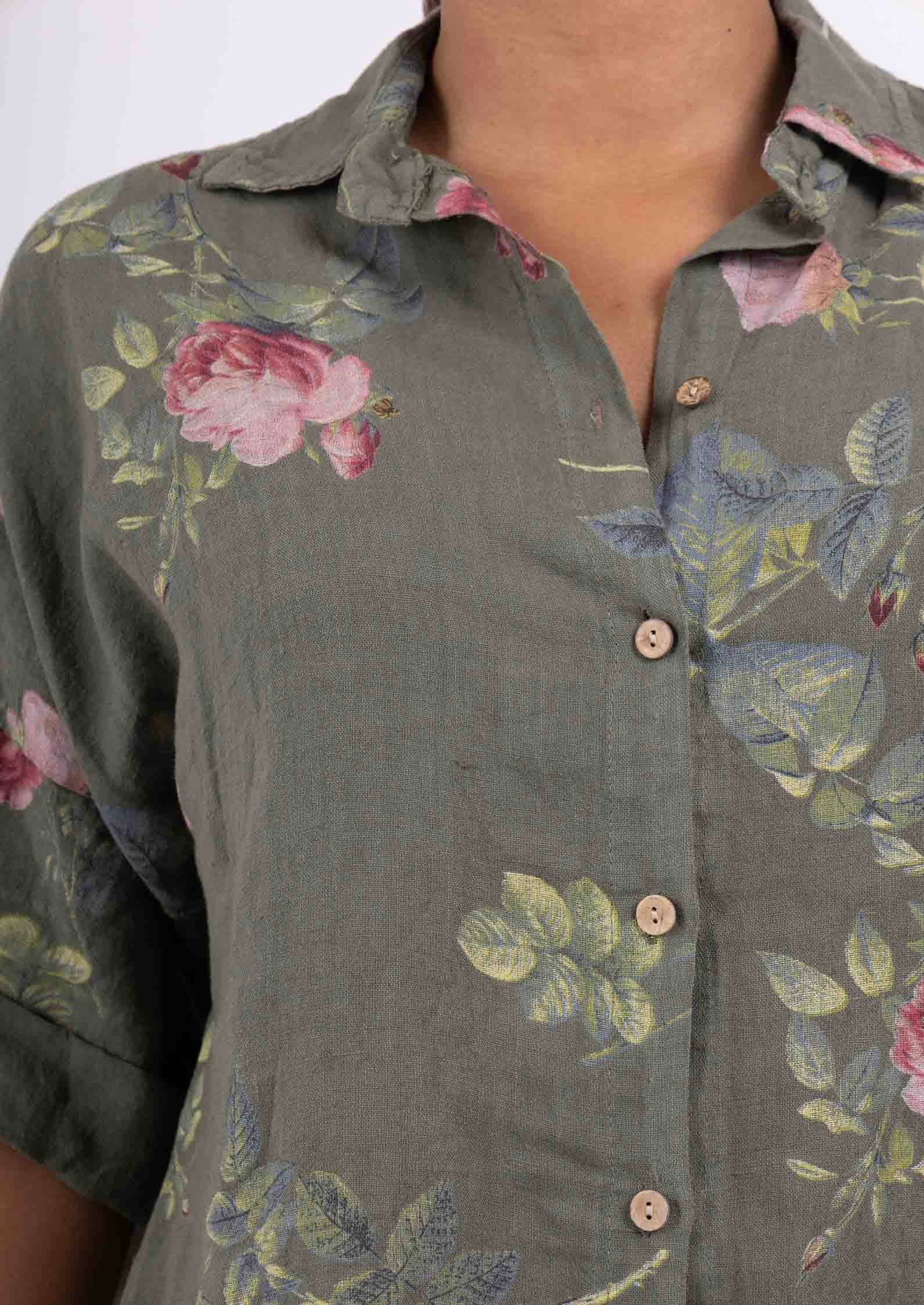 LINEN & COTTON HOUSE – Engroshandel Skjorte med buttondown – til kvinder – Tunika i 100% hør med blomsterprint 523516