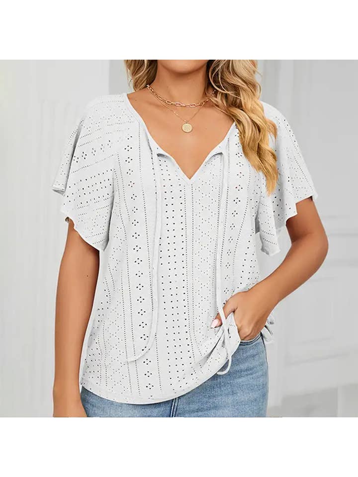 Lily Clothing - Wholesale Blouse - Women's - CWTTS0472_V NECK PUNCHING LACE UP RUFFLE LOOSE TOP