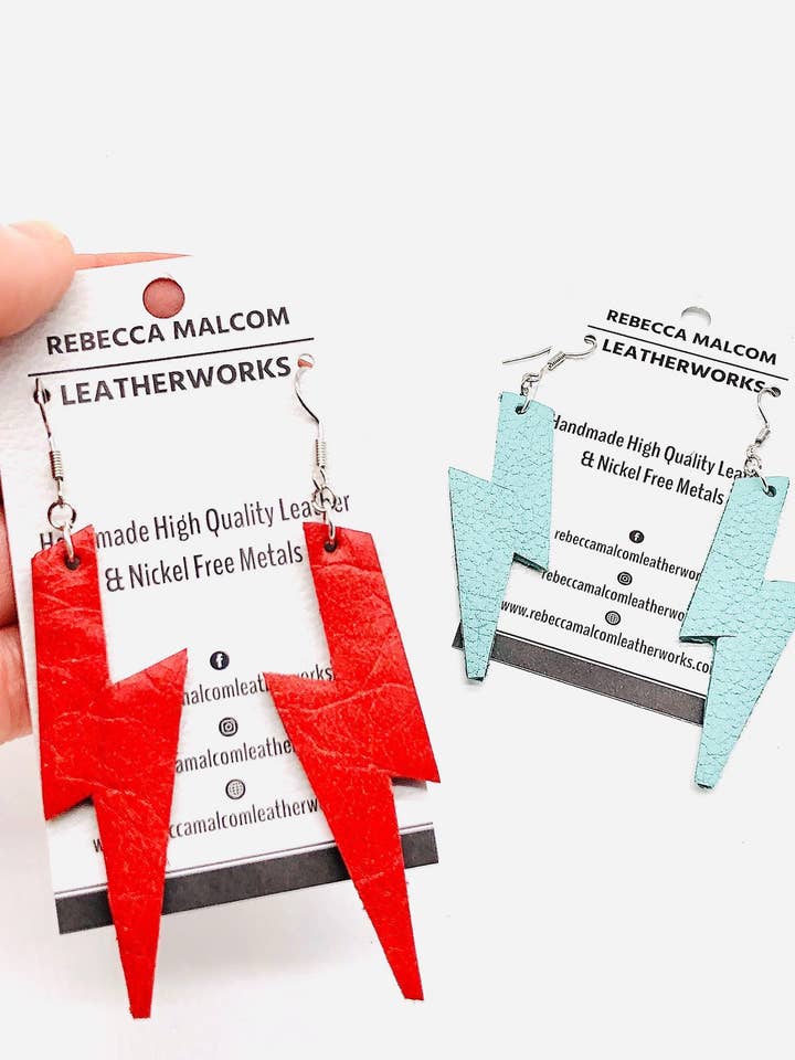 Orecchini Rock 'n' Roll Fulmine in Pelle per la vendita all'ingrosso da parte di Rebecca Malcom LeatherWorks