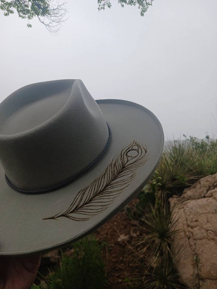 Premium Hand Burned Hat - Three-Feathered Peacock for wholesale by CGDesigns