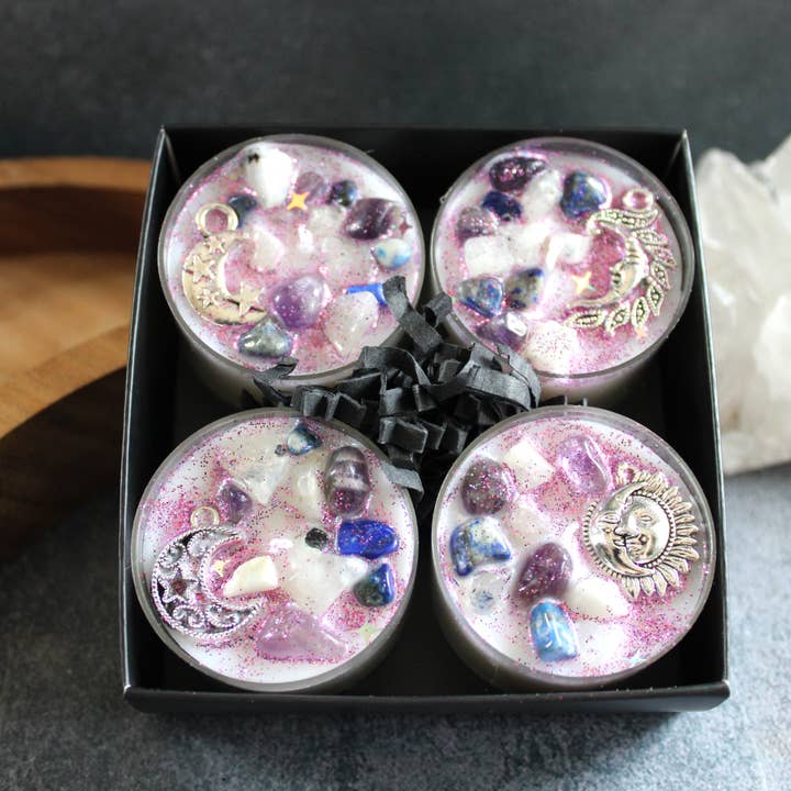 Moondust and Raven - Wholesale Tea Light Candles - Moon Magick Tealight Crystal Candles, Ritual Candles