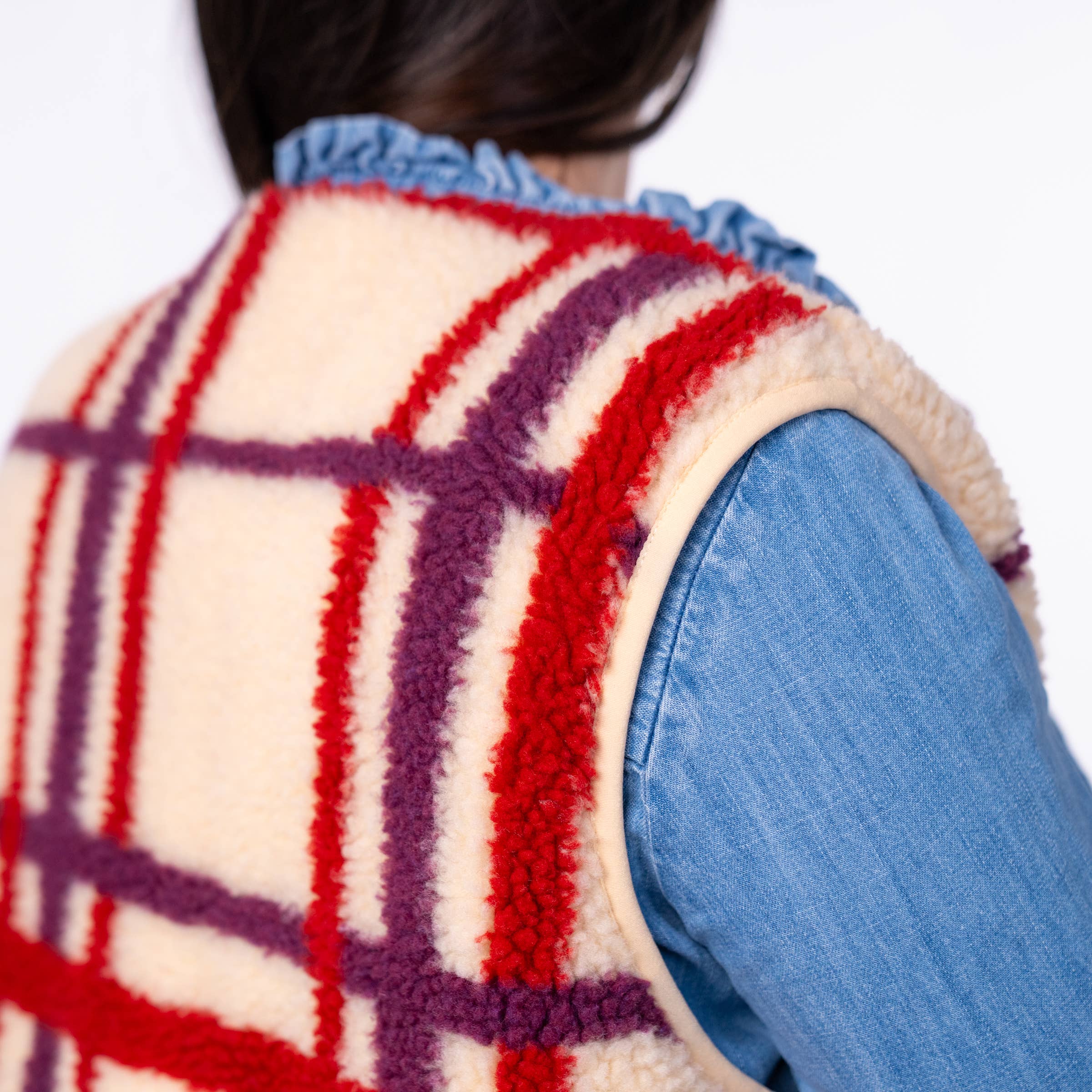 BILLYBELT – Colete - Mulher por atacado – Colete xadrez sherpa feminino sem mangas com zíper7