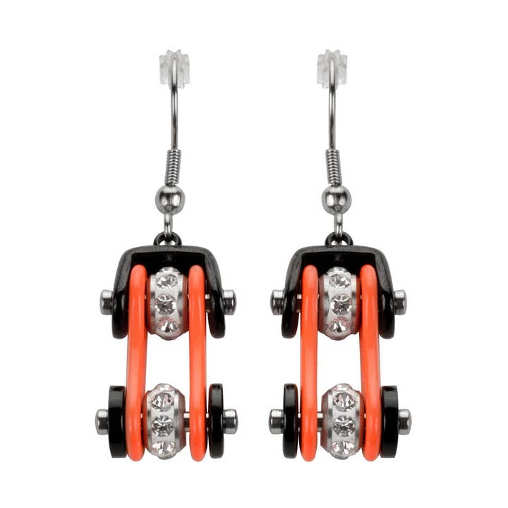 Heavy Metal Jewelry - Wholesale Dangle Earrings - Two-Tone Black Orange Crystal Bike Chain Dangle Earrings0