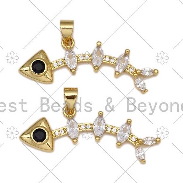 Pendentif en forme d'os de poisson Big CZ Micro Pave, breloque en os de poisson rempli d'or 18 carats, collier, bracelet pendentif, 35 x 10 mm, Sku #LK462 pour la vente par BestBeads&Beyond