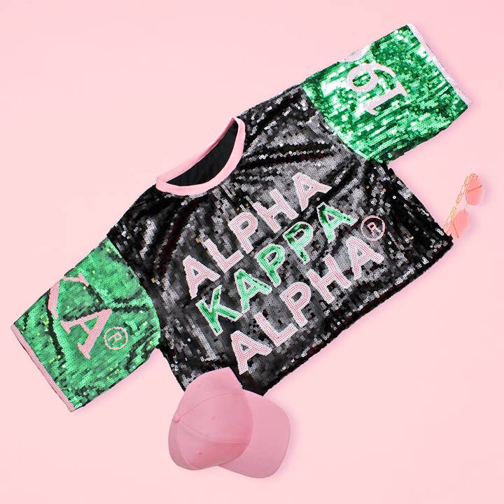 Alpha Kappa Alpha Black Sequin Jersey Shirt for wholesale by PinktownUSA