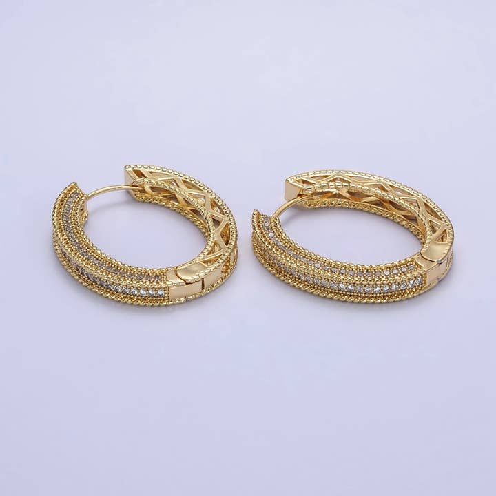 24K Gold Filled Clear Micro Paved CZ Wide Filigree Oval Hoop Earrings | AB272 for wholesale by Aim Eternal