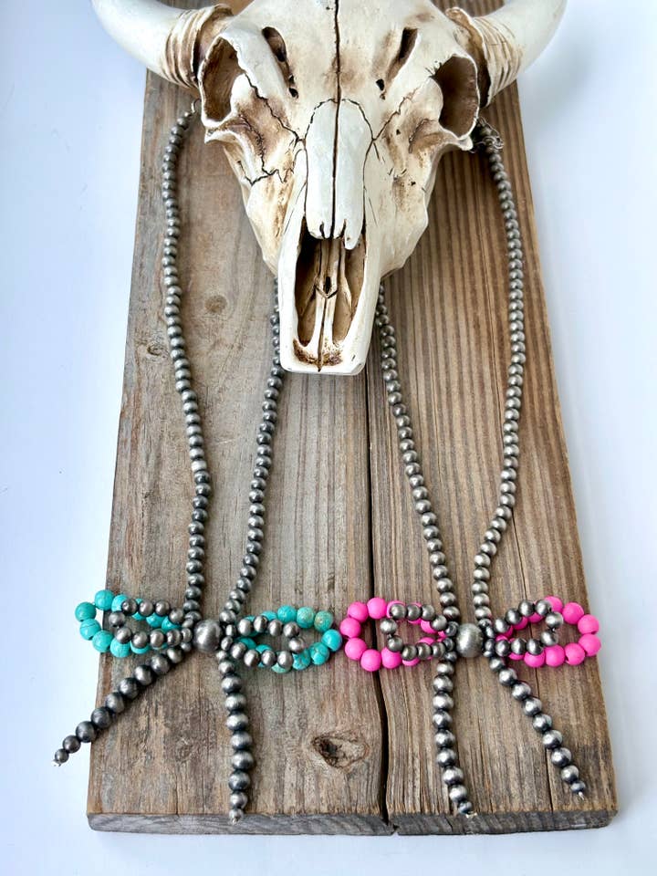 Western Navajo Pearl Stone Double Coquette Bow Necklace for wholesale by Boho Ranch Shop