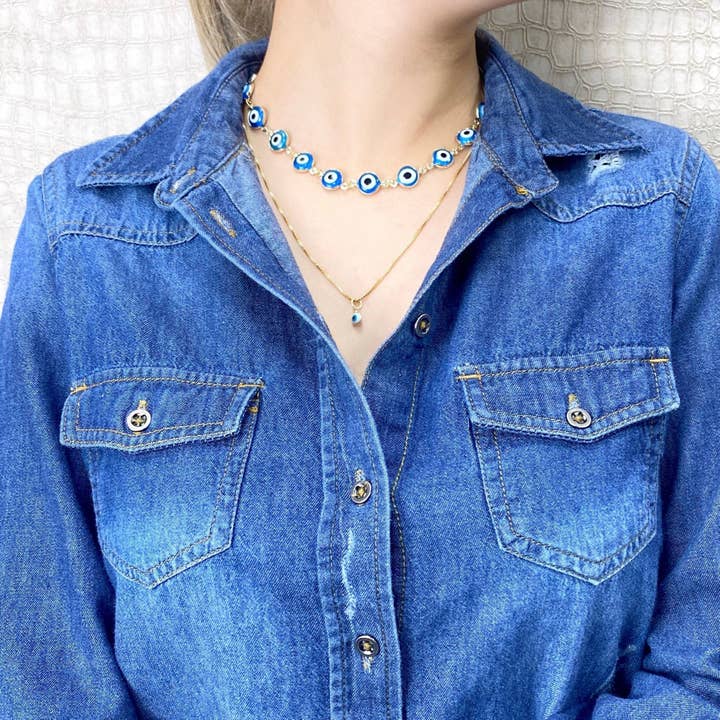 Luxus Accessories – Conjunto de joias por atacado – Conjunto de pulseira ou colar de olhos azuis gregos preenchidos com ouro 18k