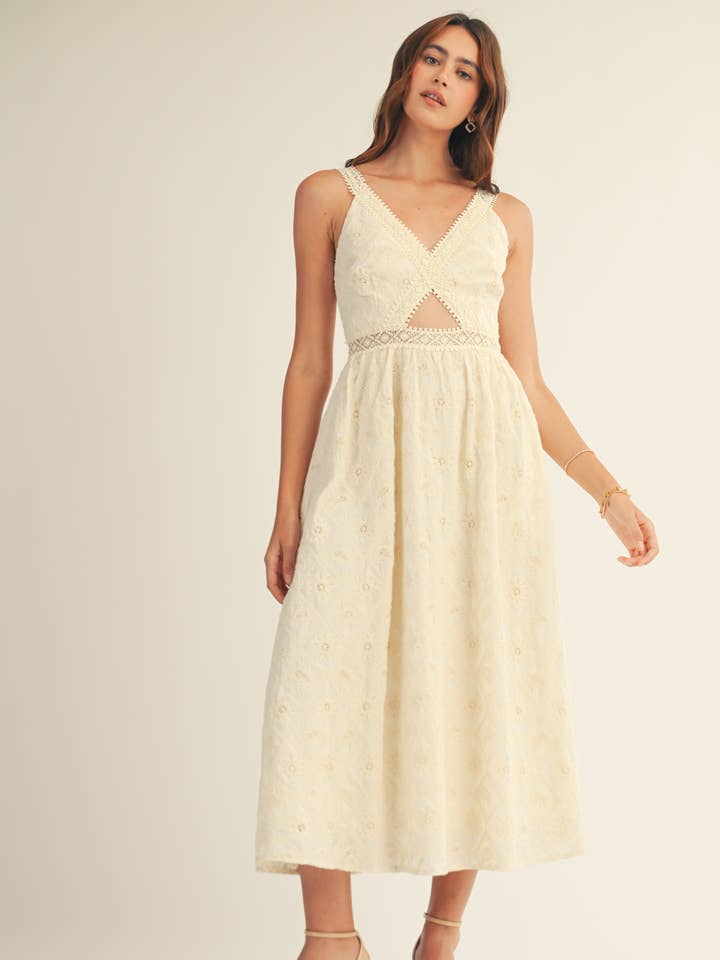 Embroidered Detail Waist Cut Out Midi Dress for wholesale by JUST ME