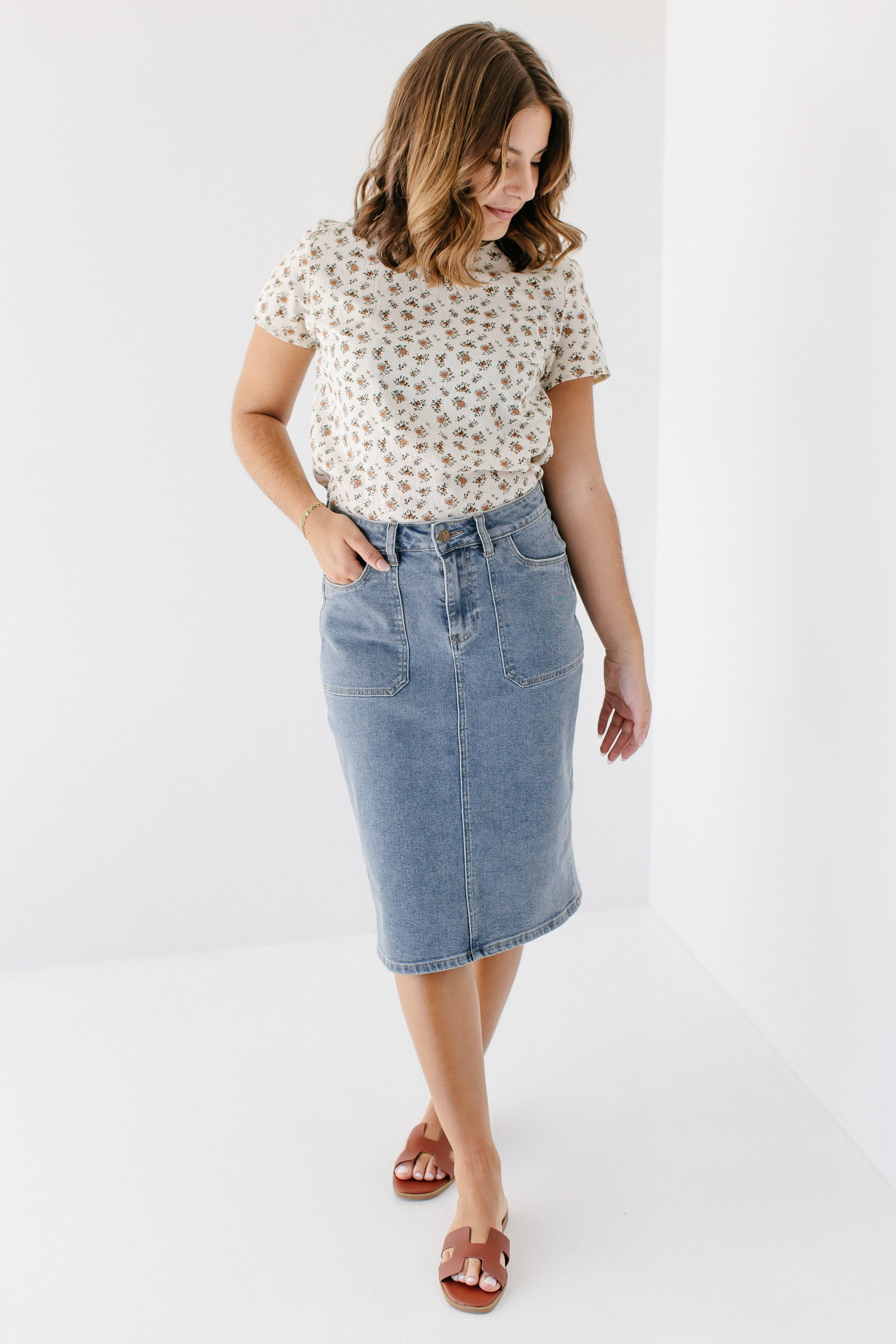 Vintage-Waschung 'Sonya' Jeansrock mit aufgesetzten Taschen und Stretch für den Großhandel auf Faire11