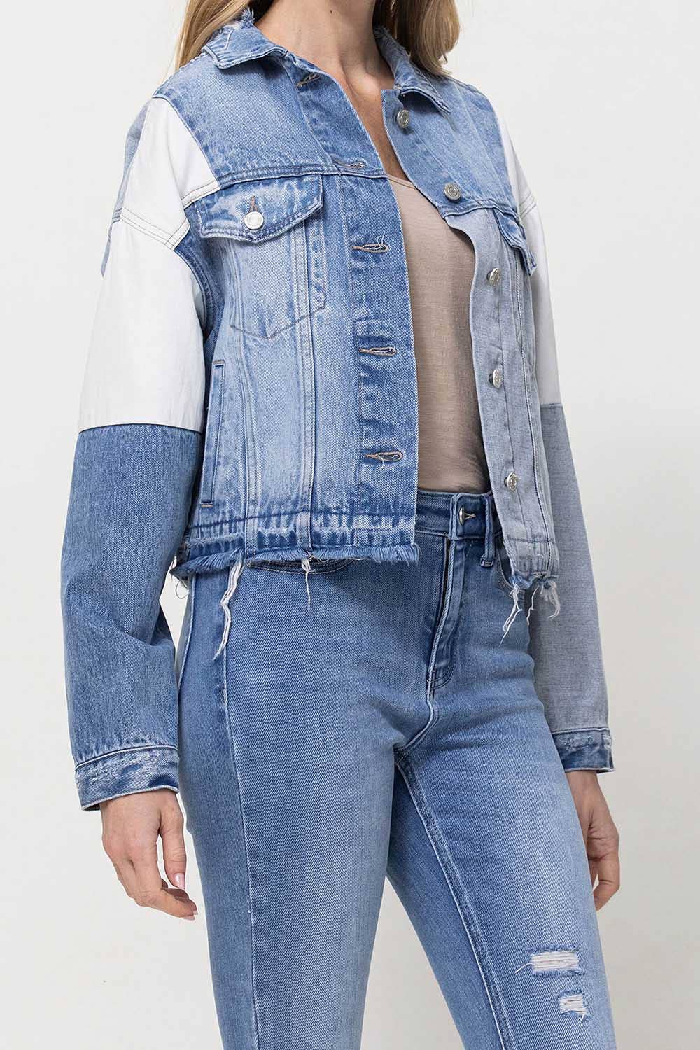 DENIM FARVEBLOK PATCHWORK OVERSIZE CROP DENIM JAKKE V2727J for engroshandel på Faire10