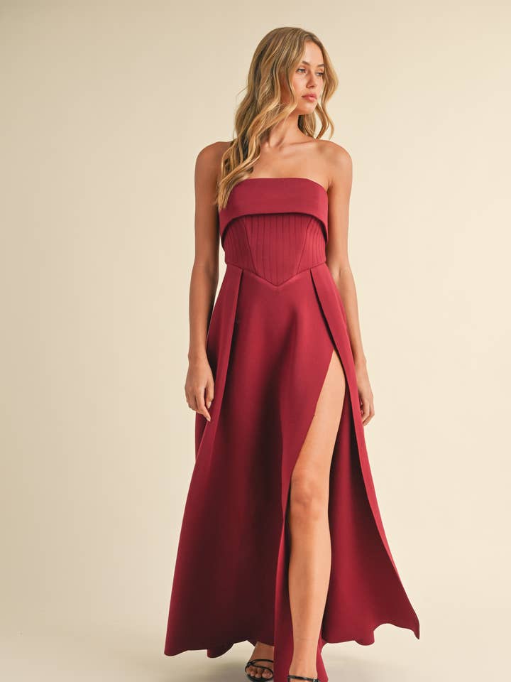 Klesis - Wholesale Dress - Women's - ID8406 CORSET SCUBA FABRIC MAXI DRESS WITH DRAMATIC SLIT