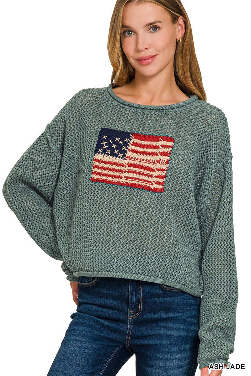 Vanilla Monkey - Vente Pull en maille – femme - Pull ras du cou à drapeau américain0