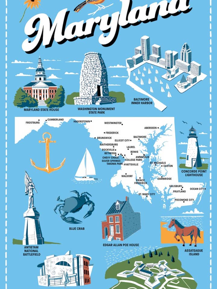 Maryland State Icons Tea Towel for wholesale by Vestiges
