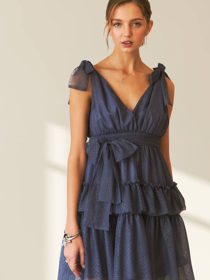 ADORA LA - Wholesale Dress - Women's - CED3533WN - TIE SHOULDER POLKA DOT MESH DRESS