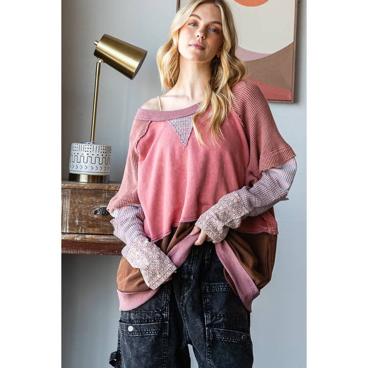 WASHED COLORBLOCK DETAIL MIX MEDIA PULLOVER TOP for wholesale by Oli&Hali