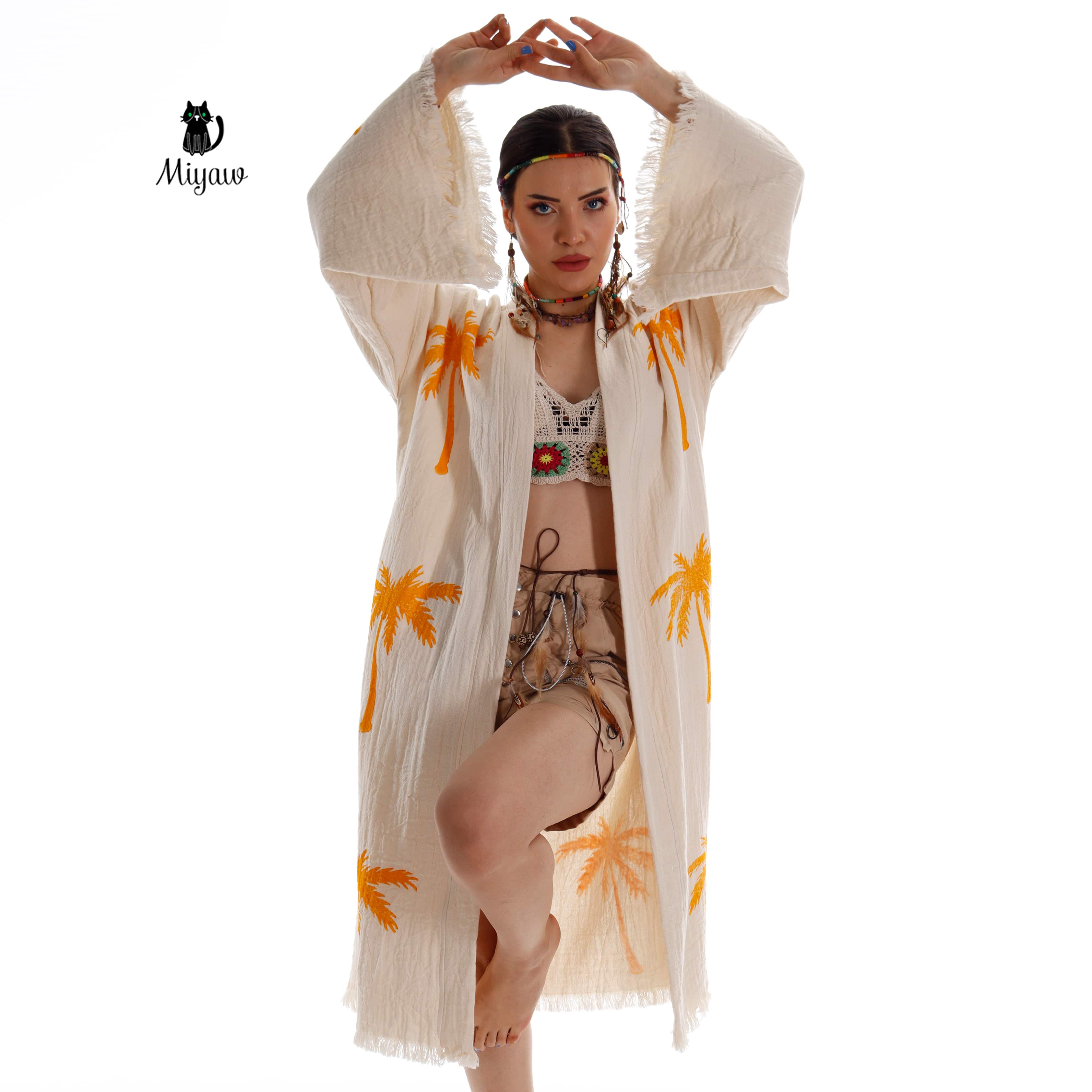 Pure & Chic, LLC - Miyawfashion - Wholesale Robe - Women's - Boho Palm Tree Stamped Organic Cotton Kimono Robe - Handcrafted Beach Coverup5