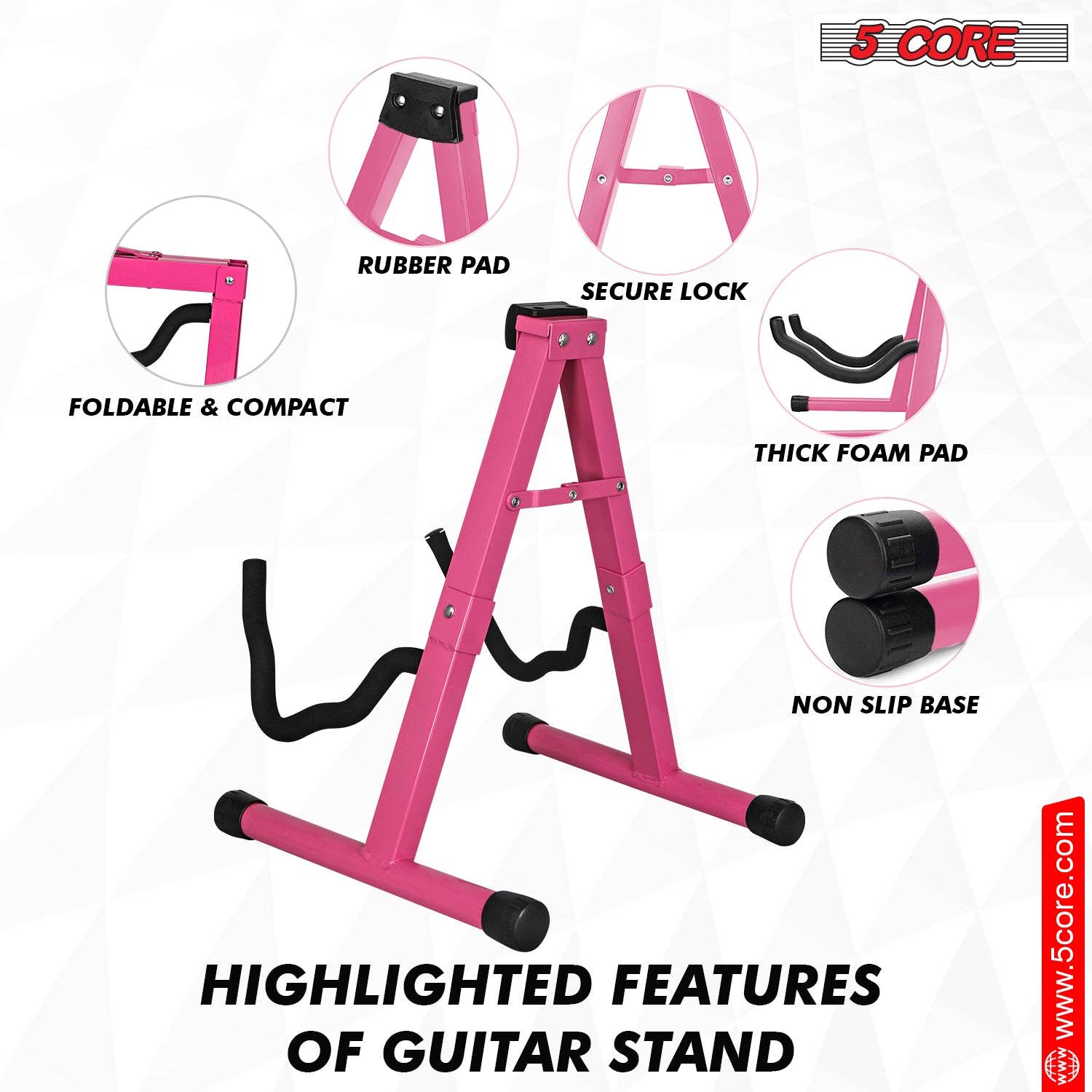 K Cube Inc - Wholesale Musical Instrument - 5Core Guitar Stand Floor A Frame Electric Acoustic Bass Soporte Para Guitarra PINK3