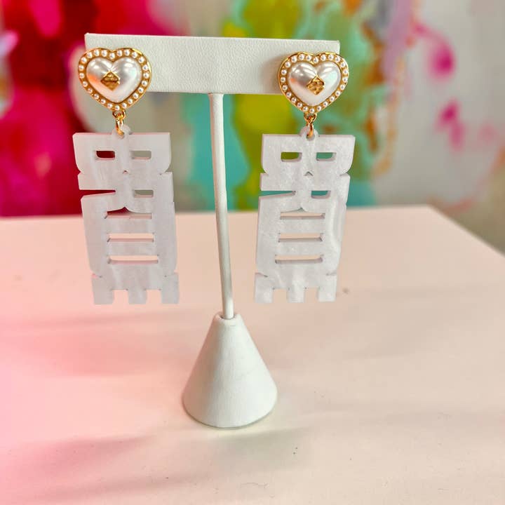 Bridal Collection White Pearl BRIDE Earrings for wholesale by Brianna Cannon