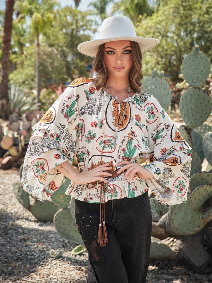 33152T - Western Print Peasant Blouse for wholesale by Blue B