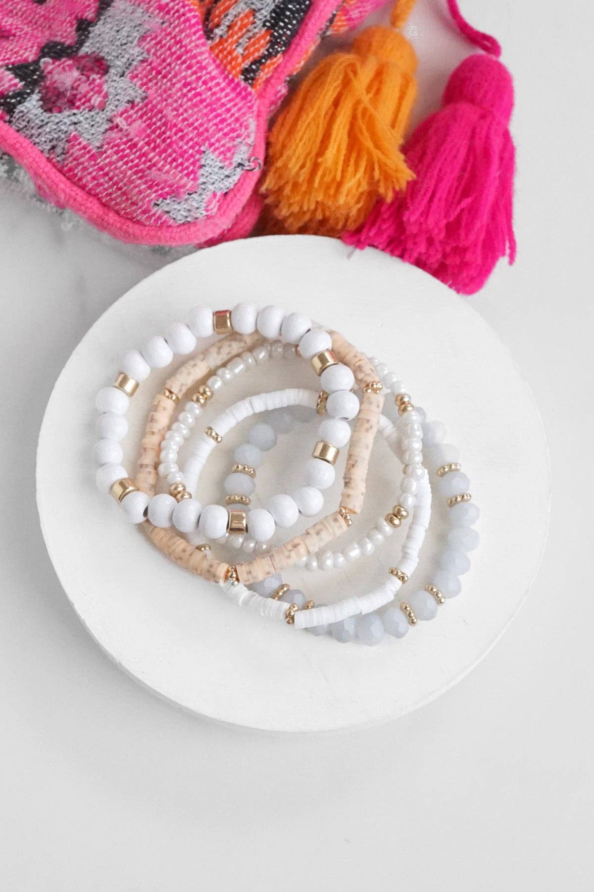 PennyLine inc - Wholesale Beaded Bracelet - Summer Fresh Neutrals stack clay glass wood beads bracelets set2