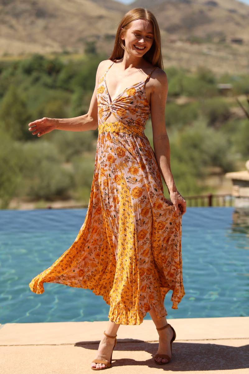 ANGIE - Wholesale Dress - Women's - C4C46-WA78-WA79 MIXED PRINT GODET MAXI DRESS WITH TWIST FRON3