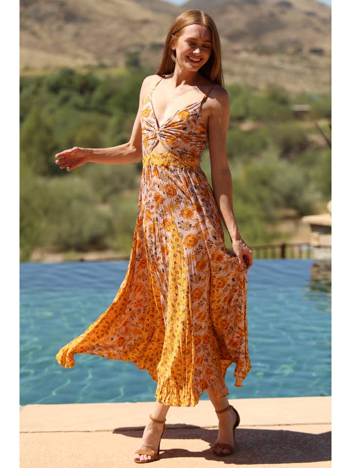 ANGIE - Wholesale Dress - Women's - C4C46-WA78-WA79 MIXED PRINT GODET MAXI DRESS WITH TWIST FRON3