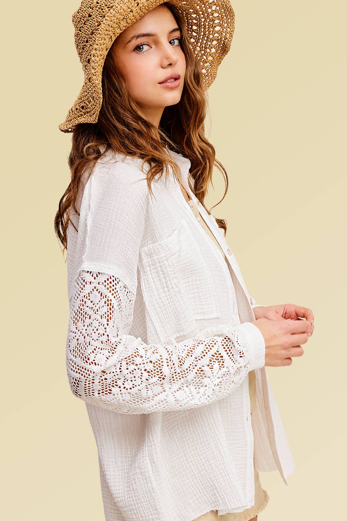 La Miel - Wholesale Button Down Shirt - Women's - SRT7455-Crochet Detailed Sleeve Gauze Button Down Shirts19