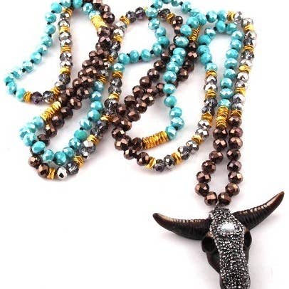 Turquoise Glass Hand Knotted Crystal Steer Skull Necklace for wholesale by Dilworth Road