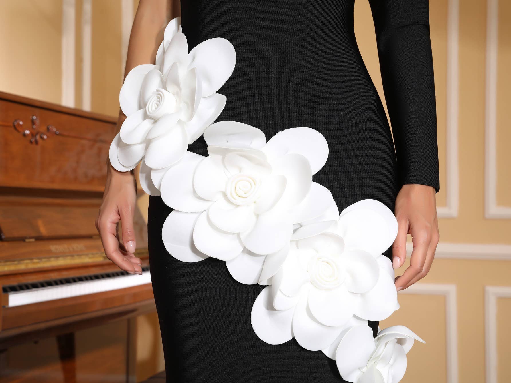 Black DR746Y One-Shoulder Slim Bandage Dress with 3D Flowers for wholesale on Faire6