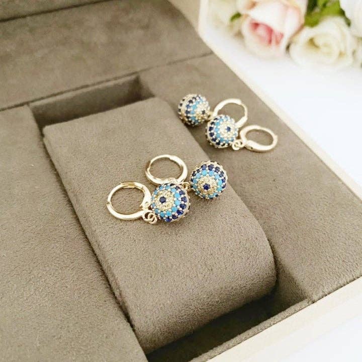 Gold Dangle Evil Eye Earrings, Evil Eye Ball Earrings, Evil Eye Hoop Earrings for wholesale by Evileyefavor