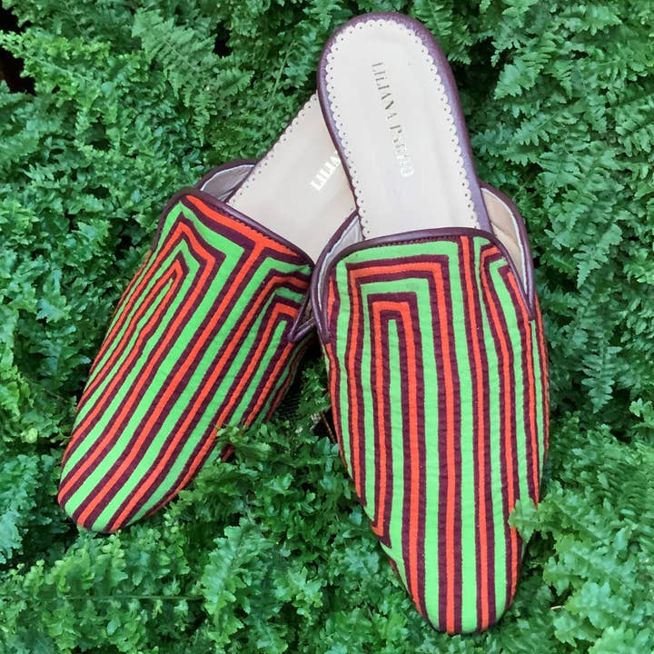 Mules Mola Vertes Multicolores Taille 36 Plat pour la vente par Liliana Pardo Atelier