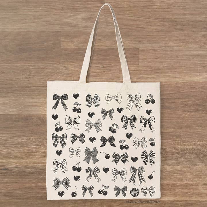 Sween Shop - Wholesale Tote Bag - Women's - Cherry Heart & Bow Coquette Canvas Tote Bag Gift5