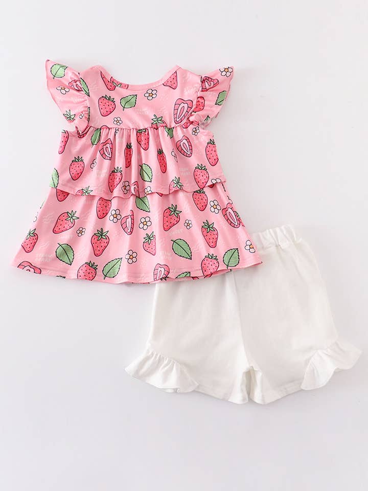 Rylee Faith Designs - Wholesale Top & Short Set - Kids - Pink Strawberry Ruffle Shorts Set Set