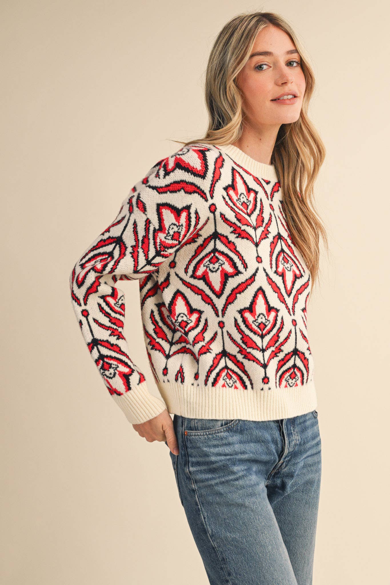 &MERCI - Wholesale Knit Sweater - Women's - FLORAL PATTERN KNIT SWEATER MSW110959