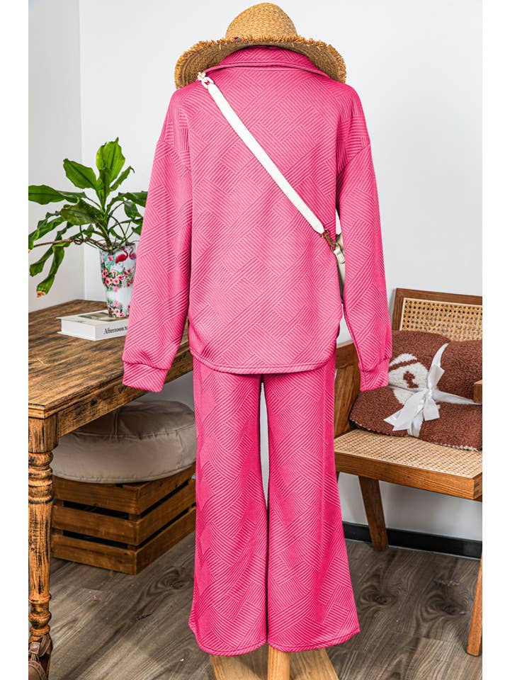 fashionworks - Wholesale Lounge Set - Women's - Fall Solid Texture Collar Top and Long Pants Set*S-2XL