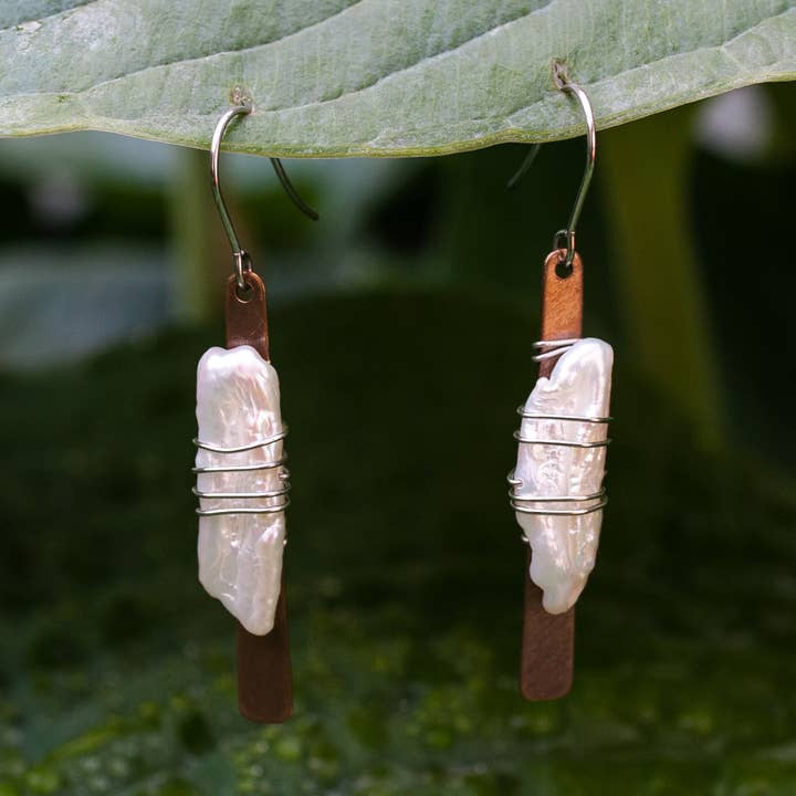 Wire Wrapped Pearl & Bronze Matchstick Earrings for wholesale by Reclaimed & Co. Jewelry