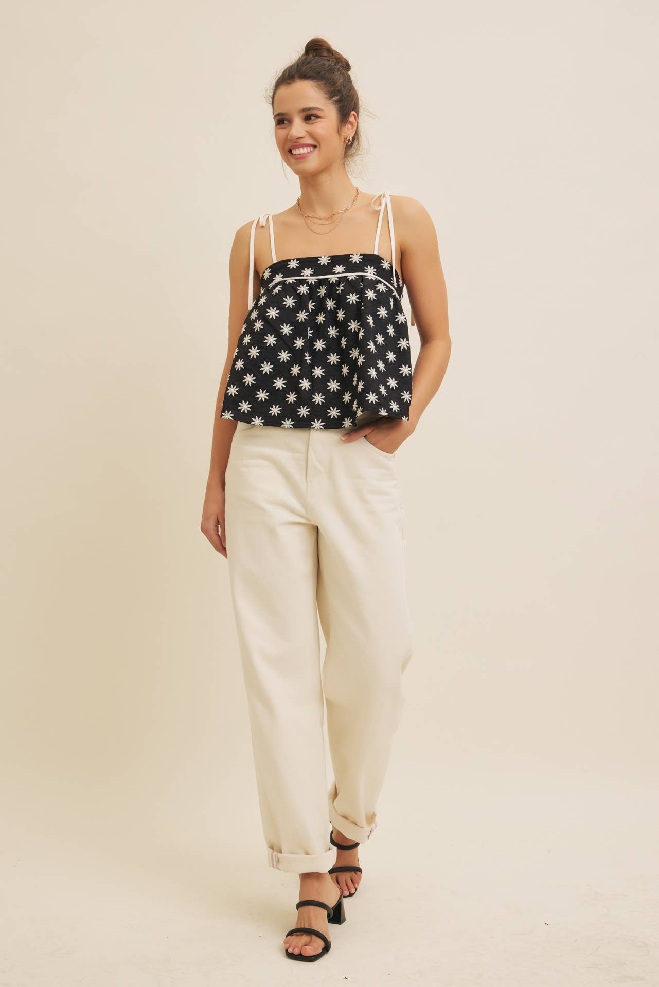 in february - Wholesale Blouse - Women's - PLAYFUL EMBROIDERED FLARE FLARE TANK TOP WITH BOW STRAPS22