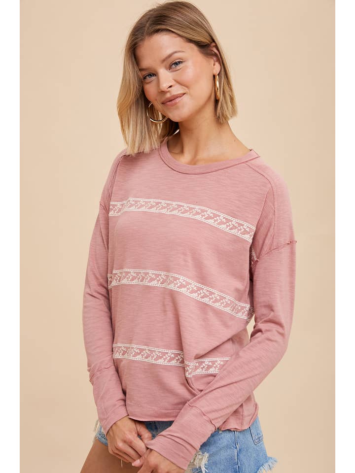 In Loom - Wholesale Blouse - Women's - FLORAL EMBROIDERY STRIPED TEE