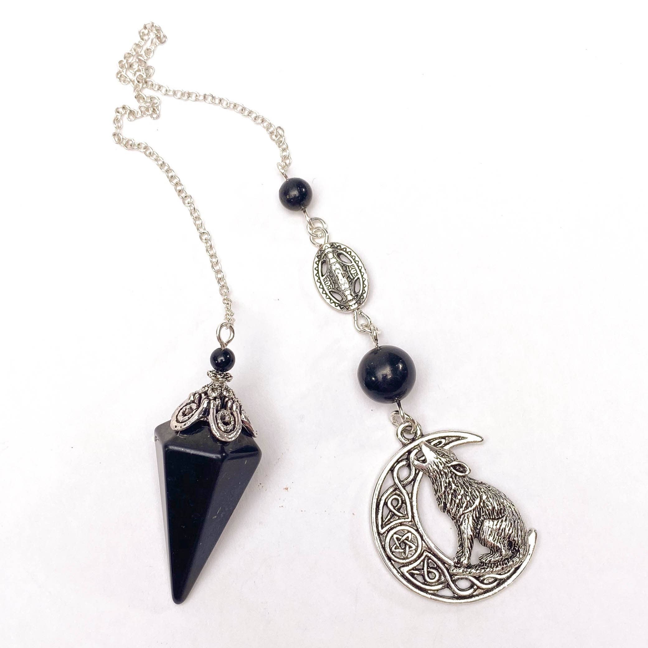 Glorious Healing Crystals - Venta al por mayor Artículo de meditación - Péndulo de shungita con lobo aullando en luna celta, péndulo6