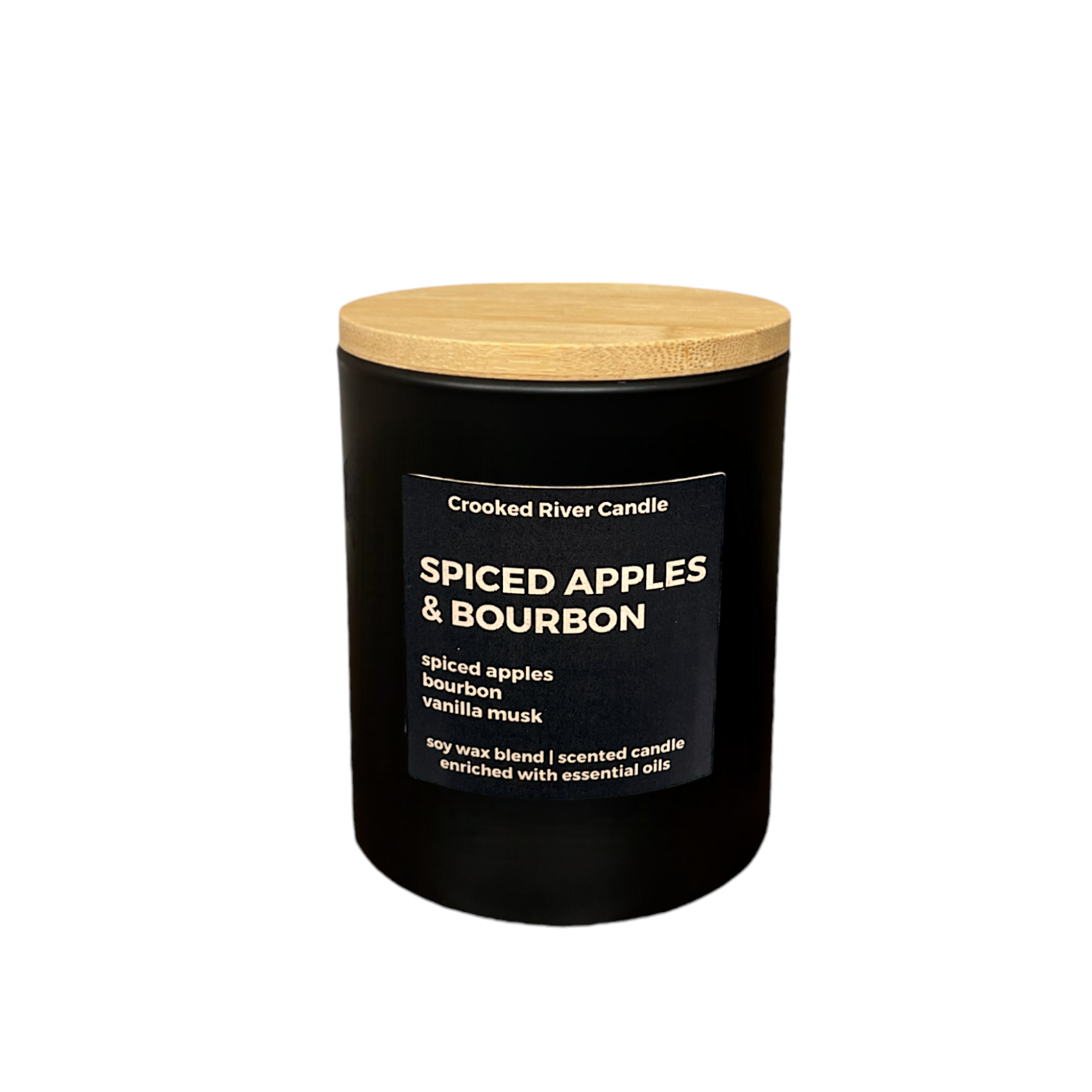 Crooked River Candle - Wholesale Jar/Filled Candle - Spiced Apples & Bourbon Candle- Matte Black Jar- Bamboo Lid1