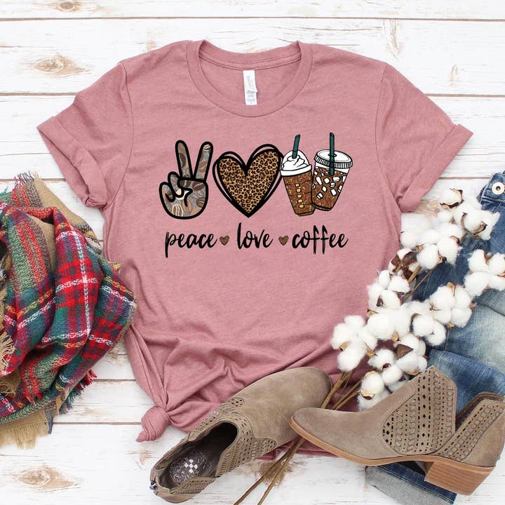 Printliss - Wholesale Screen Printed T-Shirt - Women's - Peace Love Coffee T-shirt - Bella Canvas