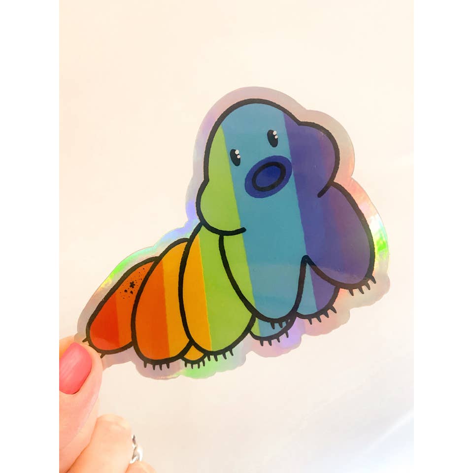 Tardigrade Rainbow Pride Waterproof Holographic Sticker for wholesale by Moss and Piglets