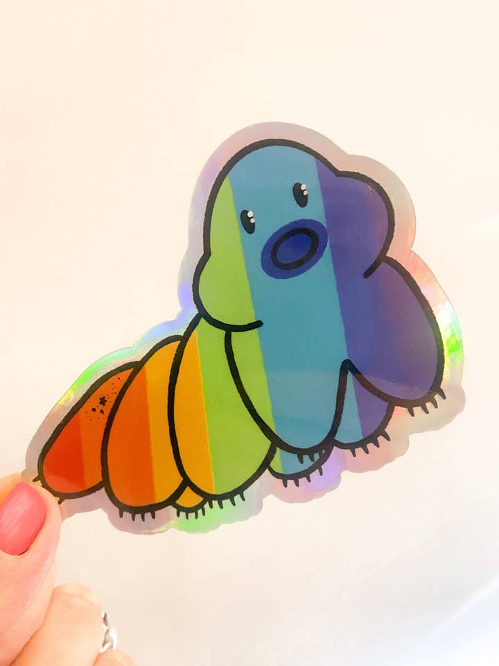 Tardigrade Rainbow Pride Waterproof Holographic Sticker for wholesale by Moss and Piglets