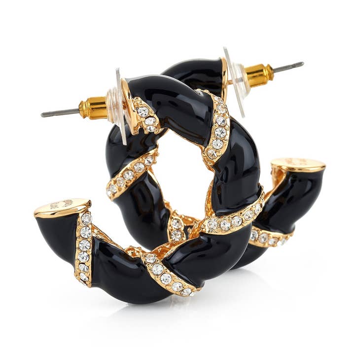 Orecchini a cerchio con strass smaltati neri per la vendita all'ingrosso da parte di Kenneth Jay Lane