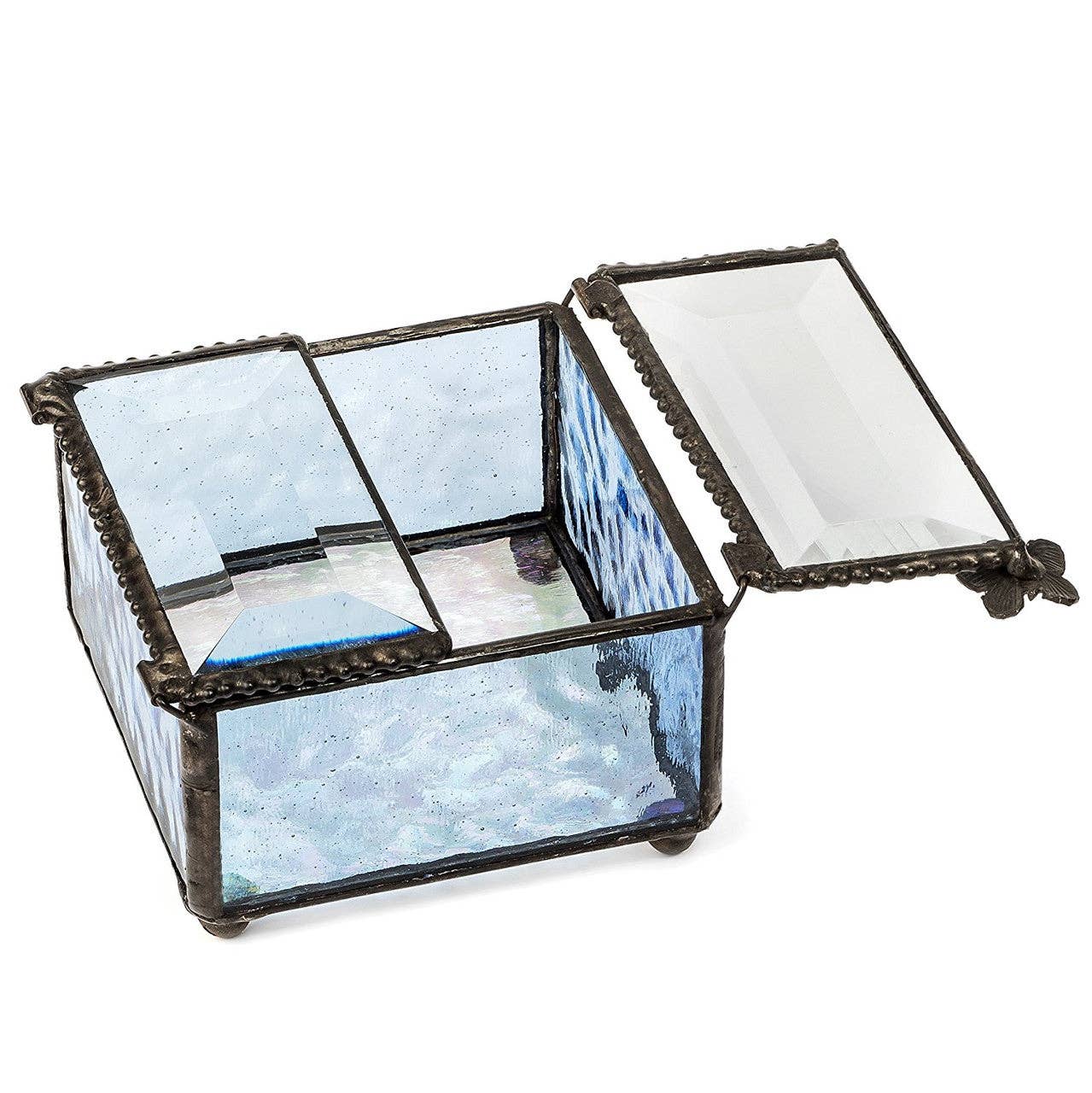 J Devlin Glass Art & Bert Anderson Collection - Wholesale Jewelry Box/Organizer - Box 185-3 Pale Blue Glass Box - Center Open3