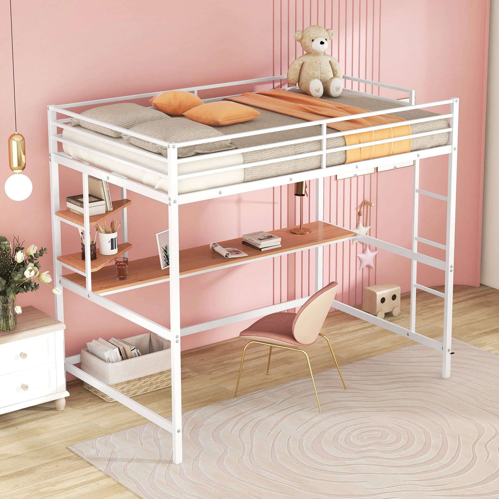 VTNG50 - Wholesale Bed - Full Metal Loft Bed with Desk and Shelve, White2