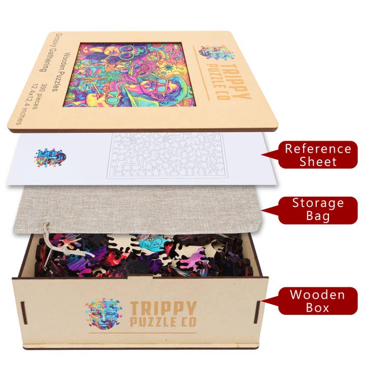 Trippy Puzzle Co – Großhandel Puzzle - Erwachsene – Groovy Gathering Holz-Puzzle für Erwachsene, 300 Stück